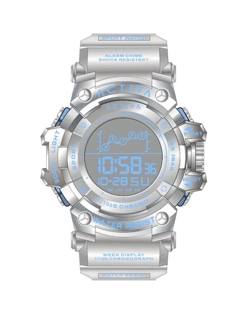 Ativa Silver Sport Digital Watch with Blue Display ACW8082–025